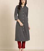 women's calf length mandarin collar black geometric a-line kurta