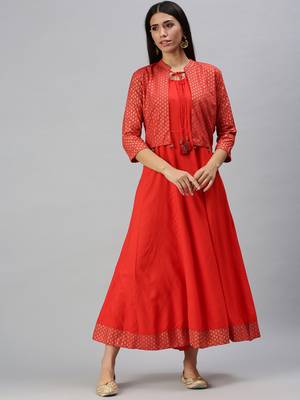 women's ankle length mandarin collar red solid anarkali kurta 4