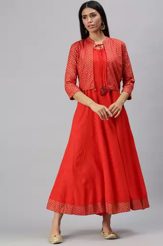 women's ankle length mandarin collar red solid anarkali kurta