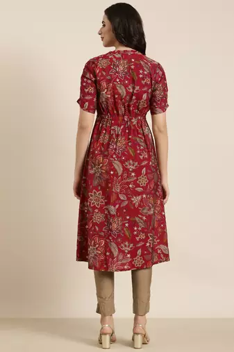 women's calf length mandarin collar maroon floral a-line kurta