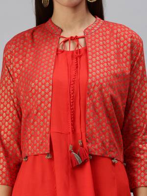 women's ankle length mandarin collar red solid anarkali kurta 5