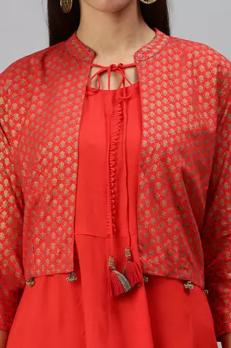 women's ankle length mandarin collar red solid anarkali kurta