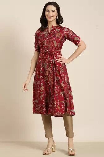 women's calf length mandarin collar maroon floral a-line kurta