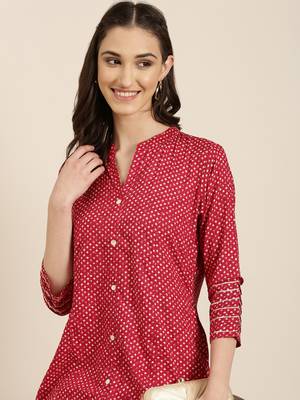 women's calf length mandarin collar fuchsia geometric a-line kurta 2