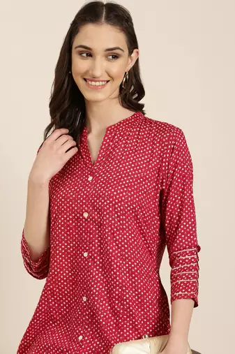 women's calf length mandarin collar fuchsia geometric a-line kurta
