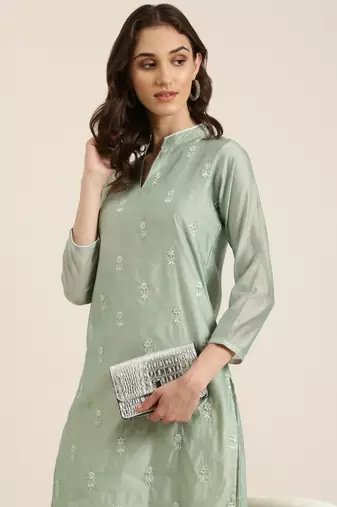women's calf length mandarin collar sea green solid straight kurta