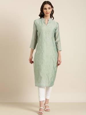 women's calf length mandarin collar sea green solid straight kurta 3