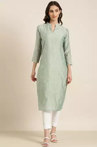 women's calf length mandarin collar sea green solid straight kurta