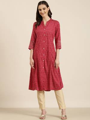 women's calf length mandarin collar fuchsia geometric a-line kurta 3