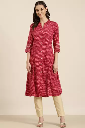 women's calf length mandarin collar fuchsia geometric a-line kurta