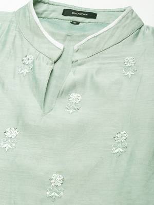 women's calf length mandarin collar sea green solid straight kurta 4