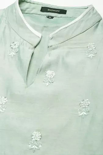 women's calf length mandarin collar sea green solid straight kurta