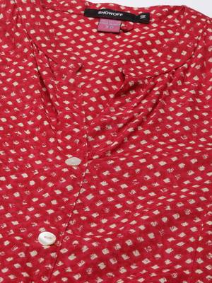 women's calf length mandarin collar fuchsia geometric a-line kurta 4