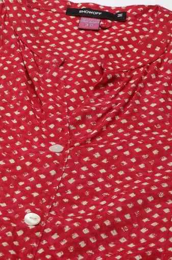 women's calf length mandarin collar fuchsia geometric a-line kurta