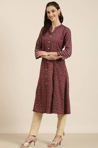 women's calf length mandarin collar maroon geometric a-line kurta