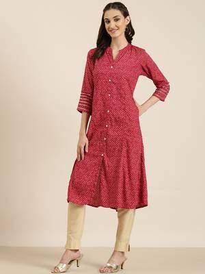 women's calf length mandarin collar fuchsia geometric a-line kurta 1