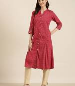 women's calf length mandarin collar fuchsia geometric a-line kurta