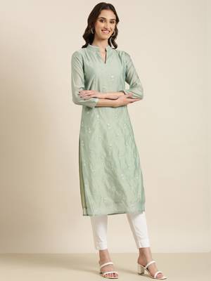 women's calf length mandarin collar sea green solid straight kurta 1
