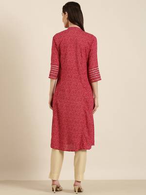 women's calf length mandarin collar fuchsia geometric a-line kurta 5