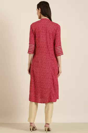 women's calf length mandarin collar fuchsia geometric a-line kurta