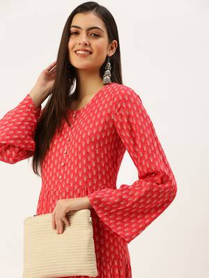 women's ankle length round neck pink ethnic motifs a-line kurta 2
