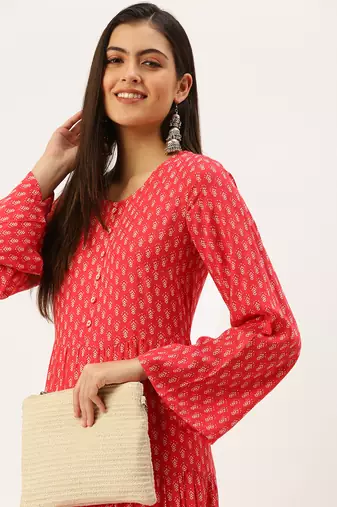 women's ankle length round neck pink ethnic motifs a-line kurta