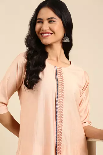women's calf length round neck peach solid straight kurta
