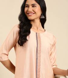 women's calf length round neck peach solid straight kurta
