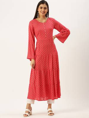 women's ankle length round neck pink ethnic motifs a-line kurta 3