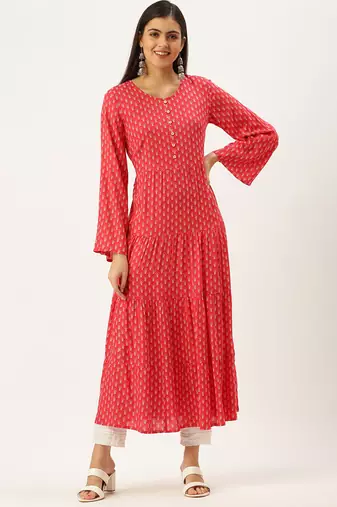 women's ankle length round neck pink ethnic motifs a-line kurta
