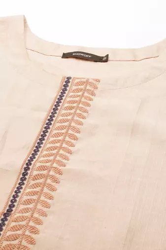 women's calf length round neck peach solid straight kurta