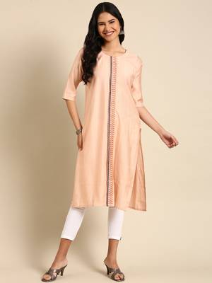 women's calf length round neck peach solid straight kurta 4