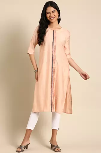 women's calf length round neck peach solid straight kurta