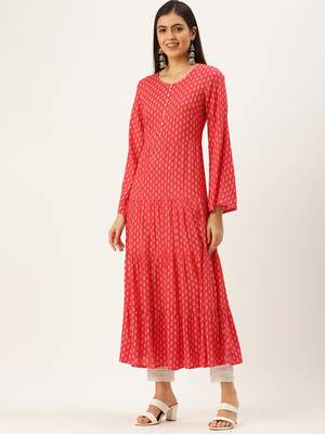 women's ankle length round neck pink ethnic motifs a-line kurta 4