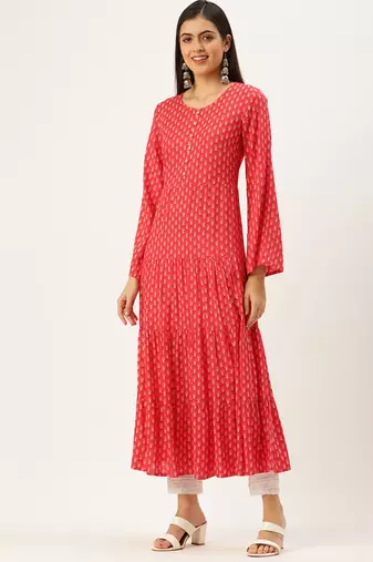 women's ankle length round neck pink ethnic motifs a-line kurta