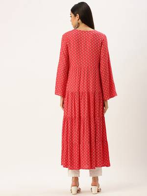 women's ankle length round neck pink ethnic motifs a-line kurta 5