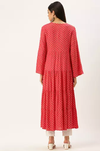 women's ankle length round neck pink ethnic motifs a-line kurta