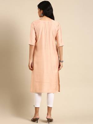 women's calf length round neck peach solid straight kurta 5
