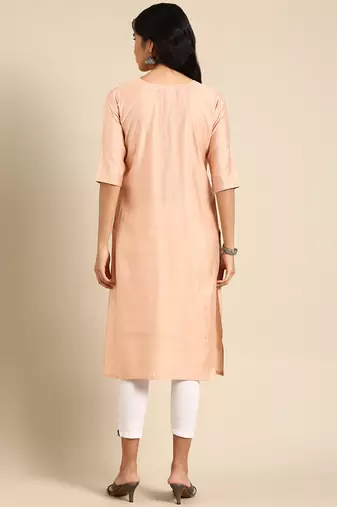 women's calf length round neck peach solid straight kurta