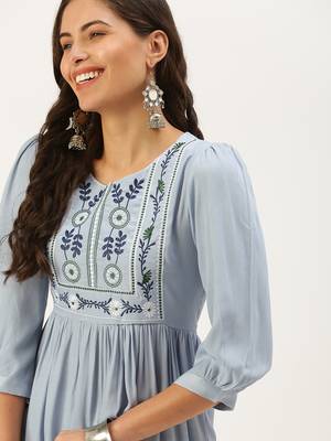 women's above knee round neck blue solid a-line kurta 2
