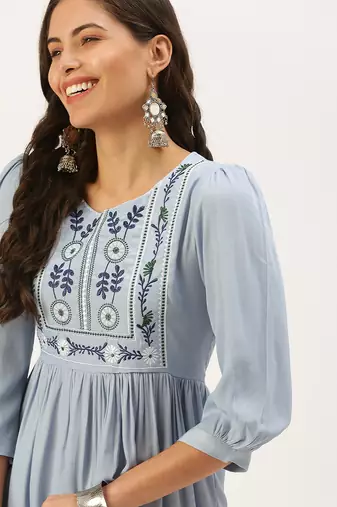 women's above knee round neck blue solid a-line kurta