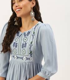 women's above knee round neck blue solid a-line kurta
