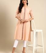 women's calf length round neck peach solid straight kurta