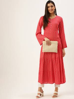 women's ankle length round neck pink ethnic motifs a-line kurta 1
