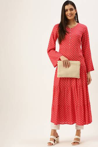 women's ankle length round neck pink ethnic motifs a-line kurta