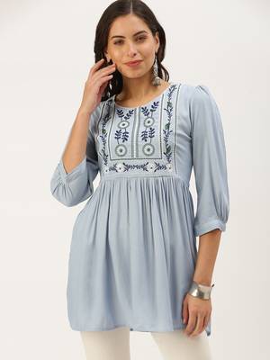 women's above knee round neck blue solid a-line kurta 3