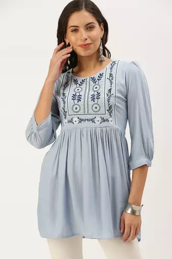 women's above knee round neck blue solid a-line kurta