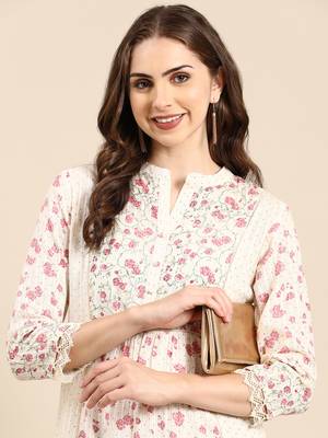 women's calf length mandarin collar cream floral a-line kurta 2