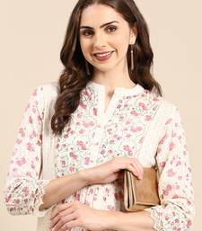 women's calf length mandarin collar cream floral a-line kurta
