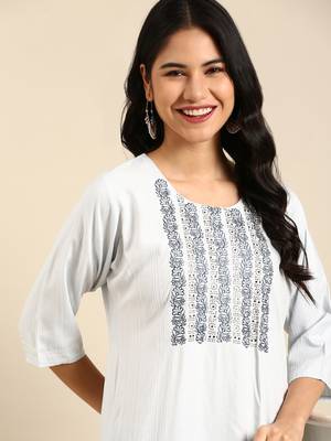 women's calf length round neck blue woven design straight kurta 2